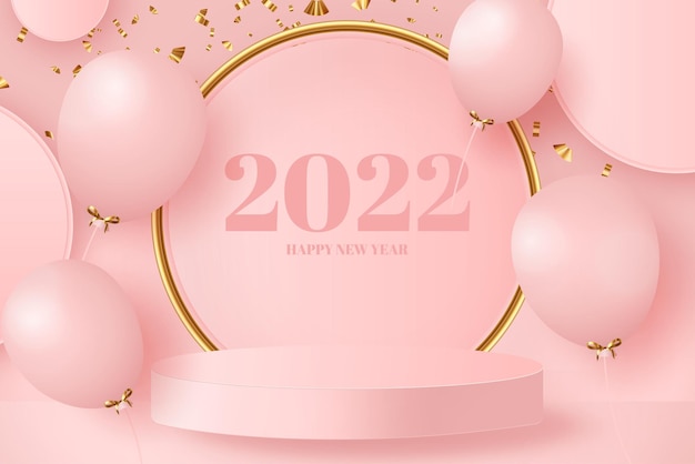 Feliz año nuevo 2022 con podio realista vector 3d