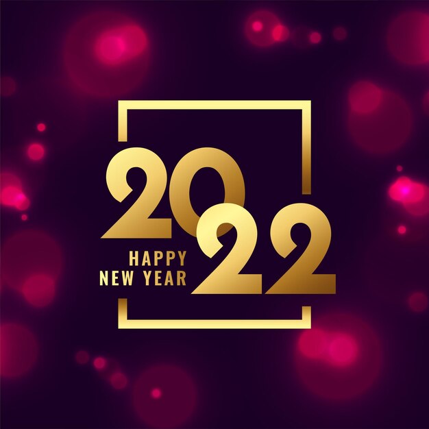 Feliz año nuevo 2022 saludo dorado sobre fondo brillante bokeh
