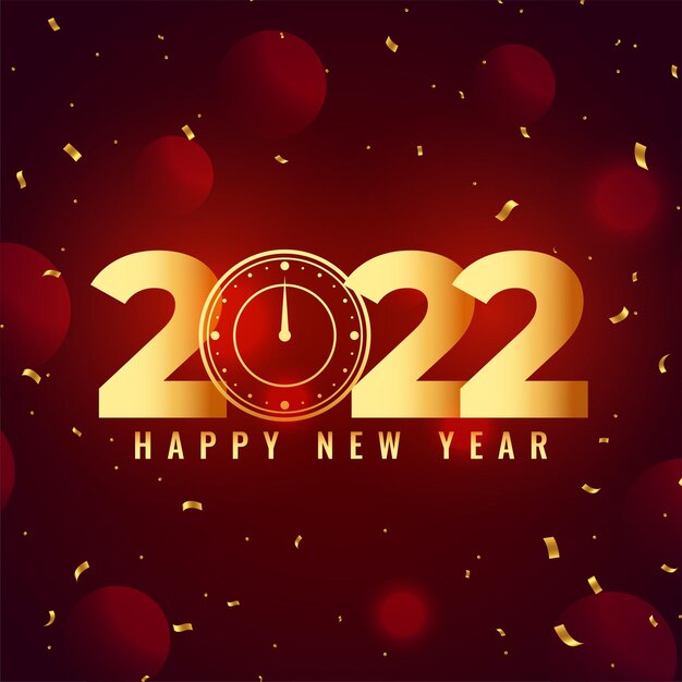Feliz año nuevo 2022 tarjeta de celebración de confeti con reloj
