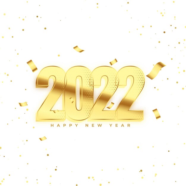 Feliz año nuevo 2022 tarjeta dorada con diseño de confeti