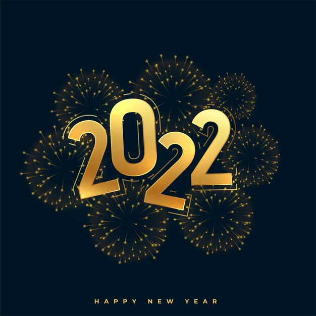 Feliz año nuevo 2022 tarjeta de felicitación de fuegos artificiales dorados