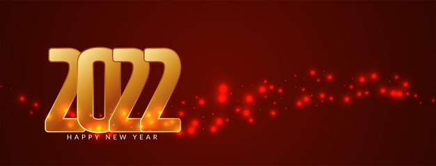 Feliz año nuevo 2022 texto dorado brilla vector de banner rojo