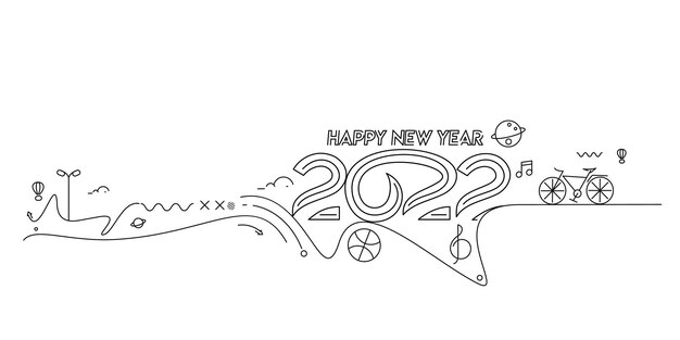 Feliz año nuevo 2022 texto con patrón de diseño mundial de viajes, ilustración vectorial.