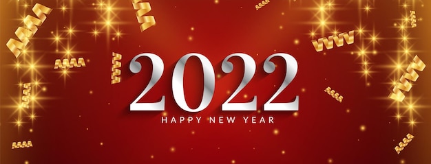 Feliz año nuevo 2022 vector de diseño de banner rojo brillante brillante