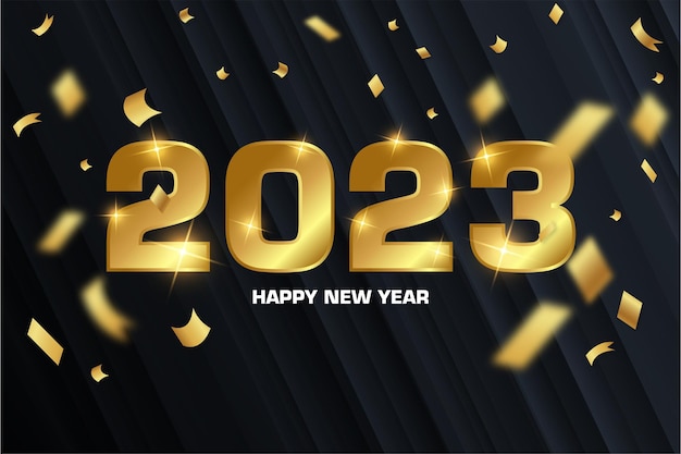 Vector gratuito feliz año nuevo 2023 banner con fondo abstracto y estilo dorado