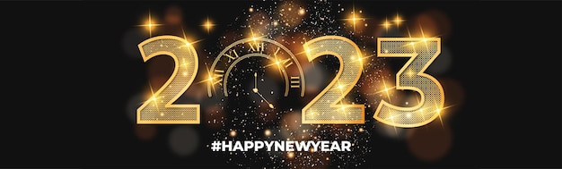 Feliz año nuevo 2023 con banner de textura dorada