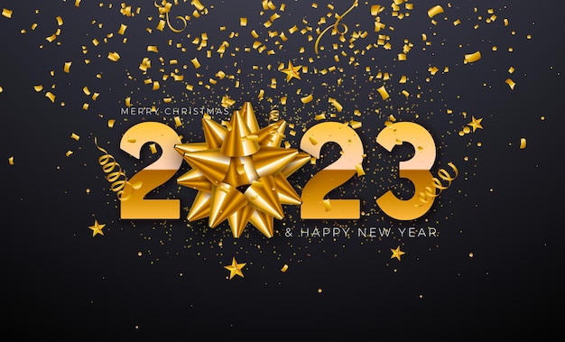 Feliz año nuevo 2023 diseño con arco de bola ornamental dorada y confeti cayendo sobre fondo negro