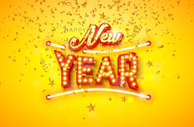 Vector gratuito feliz año nuevo 2023 diseño con luz de neón brillante y letras de bombilla de marquesina sobre fondo amarillo