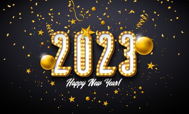 Feliz año nuevo 2023 Diseño con número de bombilla brillante y bola de cristal dorada sobre fondo negro