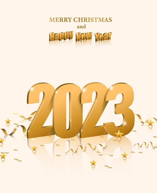 Feliz Año Nuevo 2023. Feliz Navidad. Plantilla para tarjeta de felicitación, pancarta, volante. Oro 2023 con conf