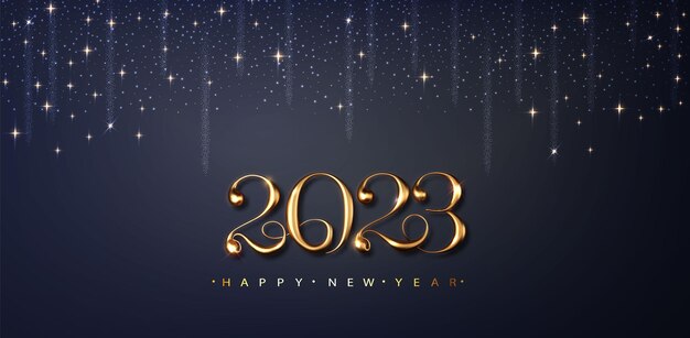 Feliz año nuevo 2023 fondo con partículas doradas brillantes sobre un fondo oscuro Banner de saludo de vacaciones