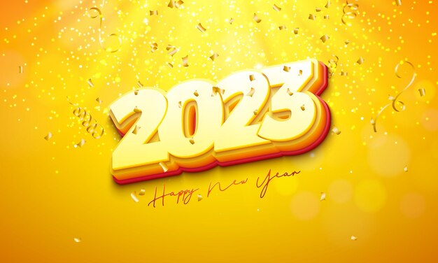 Feliz año nuevo 2023 Ilustración con número 3d y confeti dorado cayendo sobre fondo amarillo