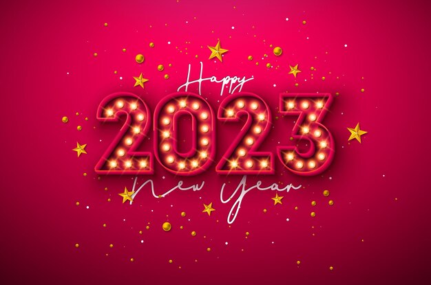 Feliz año nuevo 2023 Ilustración con número de bombilla brillante y estrella dorada sobre fondo rojo