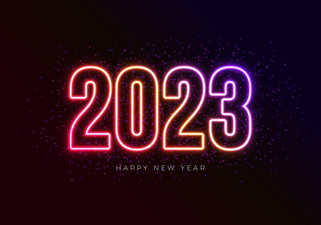 Feliz año nuevo 2023 Ilustración con número de luz de neón brillante sobre fondo oscuro