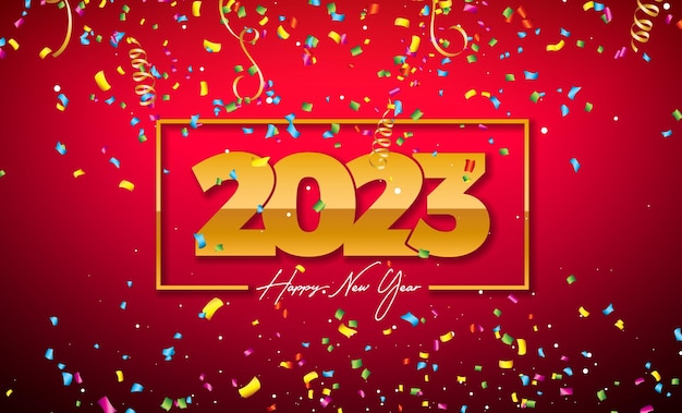 Feliz año nuevo 2023 Ilustración con número de oro y confeti cayendo sobre fondo rojo brillante