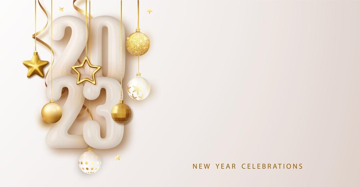 Vector gratuito feliz año nuevo 2023 número brillante diseño festivo con adornos navideños, serpentinas y guirnaldas