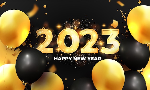 Feliz año nuevo 2023 con números dorados y globos.