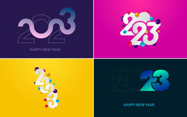 Feliz año nuevo 2023 paquete de diseño de texto para folleto diseño plantilla tarjeta banner año nuevo ilustración vectorial