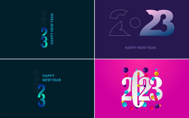 Vector gratuito feliz año nuevo 2023 paquete de diseño de texto para folleto diseño plantilla tarjeta banner año nuevo ilustración vectorial