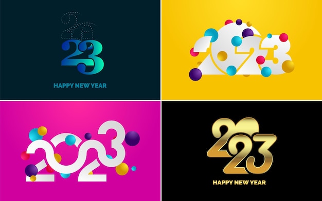 Vector gratuito feliz año nuevo 2023 paquete de diseño de texto para folleto diseño plantilla tarjeta banner año nuevo ilustración vectorial