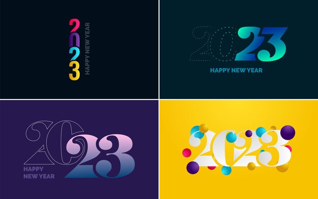 Feliz año nuevo 2023 paquete de diseño de texto para folleto diseño plantilla tarjeta banner año nuevo ilustración vectorial