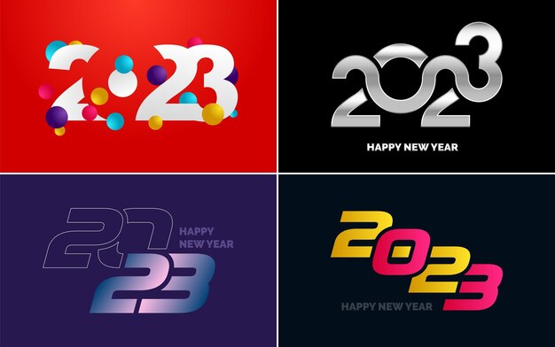 Feliz año nuevo 2023 paquete de diseño de texto para folleto diseño plantilla tarjeta banner año nuevo ilustración vectorial