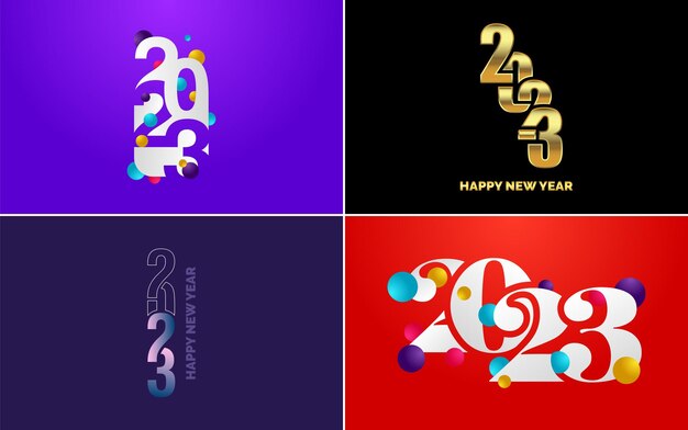 Feliz año nuevo 2023 paquete de diseño de texto para folleto diseño plantilla tarjeta banner año nuevo ilustración vectorial