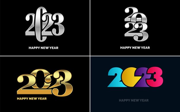 Feliz año nuevo 2023 paquete de diseño de texto para folleto diseño plantilla tarjeta banner año nuevo ilustración vectorial