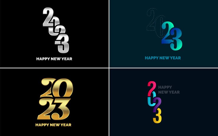 Vector gratuito feliz año nuevo 2023 paquete de diseño de texto para folleto diseño plantilla tarjeta banner año nuevo ilustración vectorial