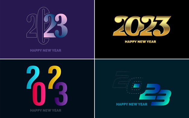 Feliz año nuevo 2023 paquete de diseño de texto para folleto diseño plantilla tarjeta banner año nuevo ilustración vectorial