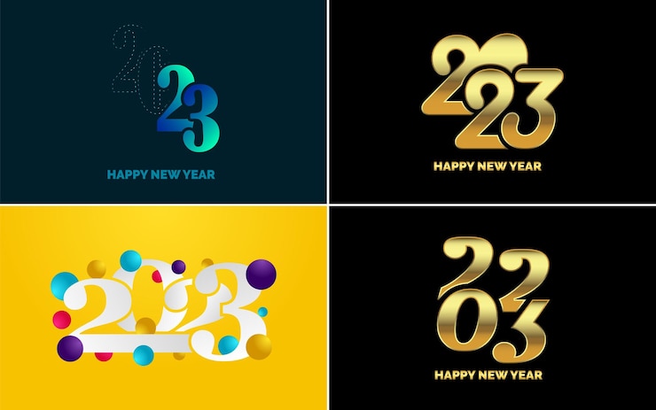Vector gratuito feliz año nuevo 2023 paquete de diseño de texto para folleto diseño plantilla tarjeta banner año nuevo ilustración vectorial