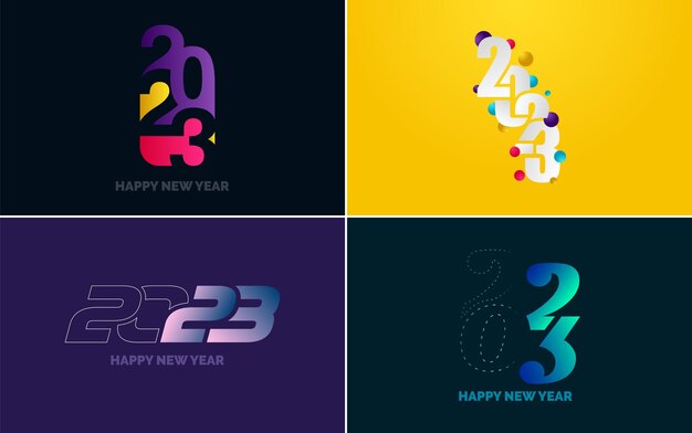 Feliz año nuevo 2023 paquete de diseño de texto para folleto diseño plantilla tarjeta banner año nuevo ilustración vectorial