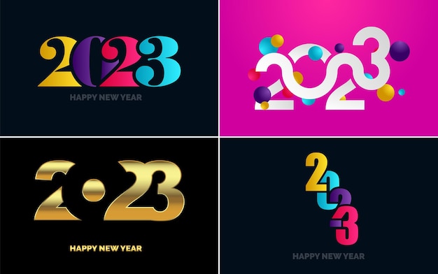 Vector gratuito feliz año nuevo 2023 paquete de diseño de texto para folleto diseño plantilla tarjeta banner año nuevo ilustración vectorial