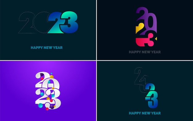 Vector gratuito feliz año nuevo 2023 paquete de diseño de texto para folleto diseño plantilla tarjeta banner año nuevo ilustración vectorial