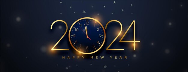 feliz año nuevo 2024 banner de saludo con vector de diseño de reloj dorado