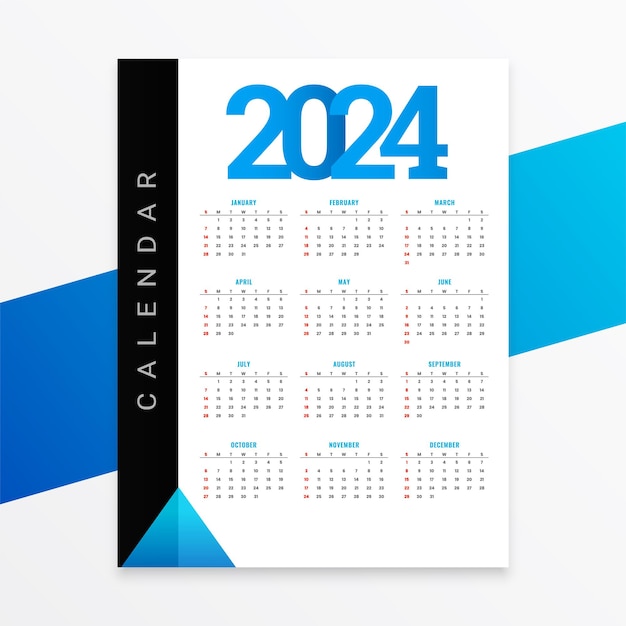Vector gratuito feliz año nuevo 2024 diseño de calendario en blanco y azul vector de color