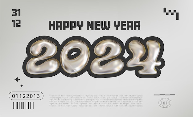 Vector gratuito feliz año nuevo 2024 diseño con diseño de tipo de letra de burbuja de cromo