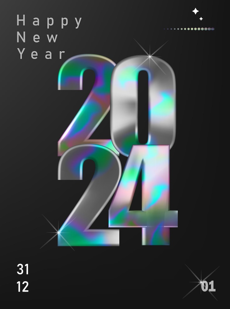 Vector gratuito feliz año nuevo 2024 diseño de tipografía diseño de números holográficos