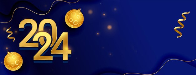 feliz año nuevo 2024 estandarte de saludo con bauble de Navidad y cinta