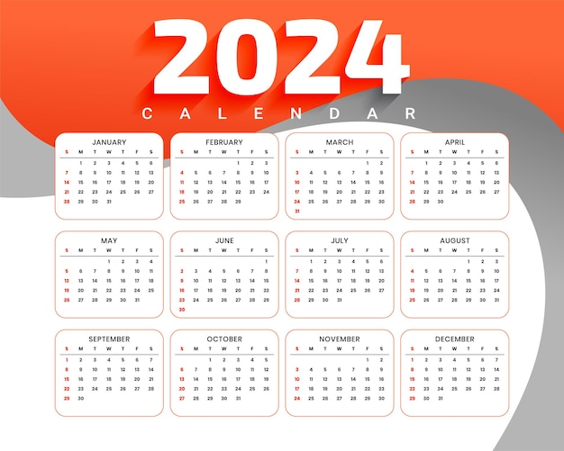 feliz año nuevo 2024 vector de diseño de plantilla de calendario inglés