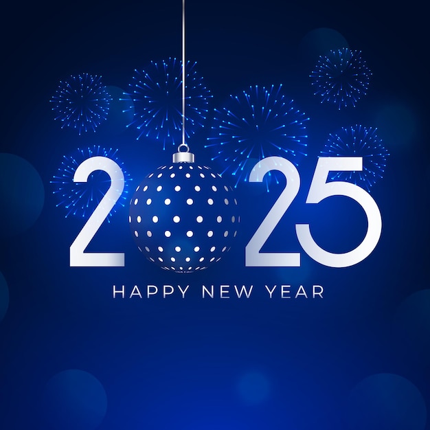 Feliz año nuevo 2025 fondo de fuegos artificiales con bauble de Navidad
