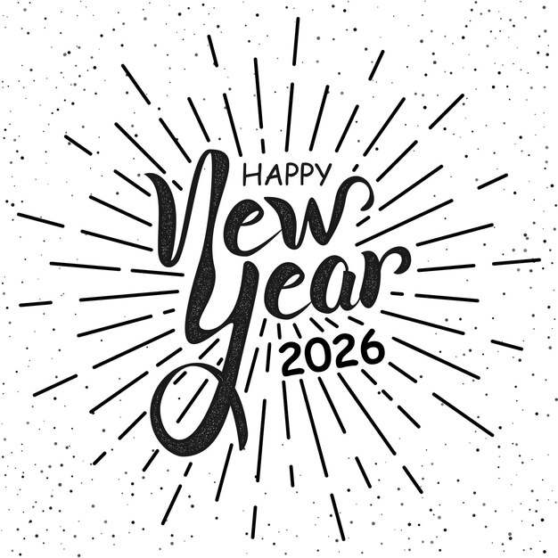 Feliz Año Nuevo 2026 letras a mano en blanco y negro líneas de estilo vectorial retro diseño tipográfico