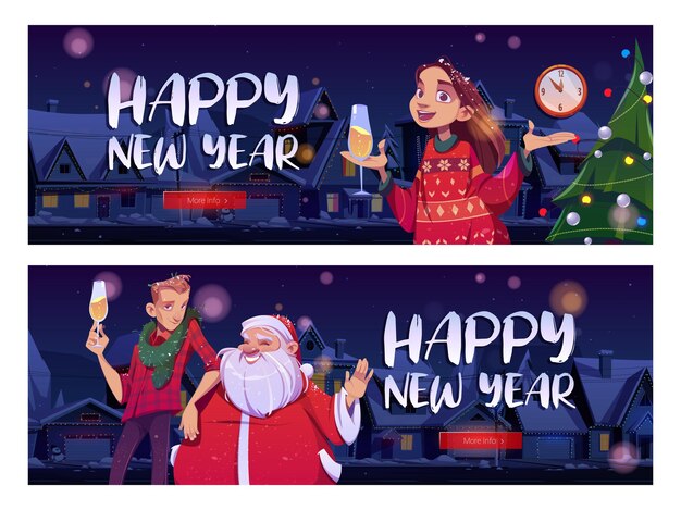 Feliz año nuevo banners web, celebración de fiestas. Alegre Santa Claus, hombre y mujer con suéteres de punto beben champán en la calle de invierno de noche, saludos de feliz Navidad, ilustración vectorial de dibujos animados