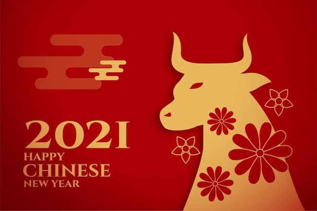 Feliz año nuevo chino del buey sobre fondo rojo.