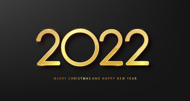 Feliz año nuevo dorado 2022 con confeti cayendo sobre fondo oscuro. Plantilla de vacaciones de lujo para tarjeta de diseño, banner.