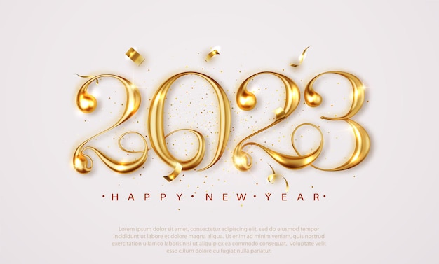 feliz año nuevo elegante pancarta con confeti cayendo sobre fondo brillante