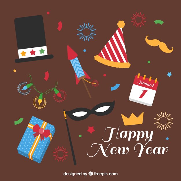 Feliz año nuevo con fantásticos elementos planos