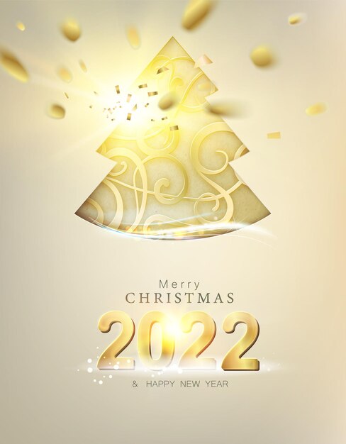 Feliz año nuevo y feliz navidad tarjeta de felicitación con árbol de navidad dorado y número 2022