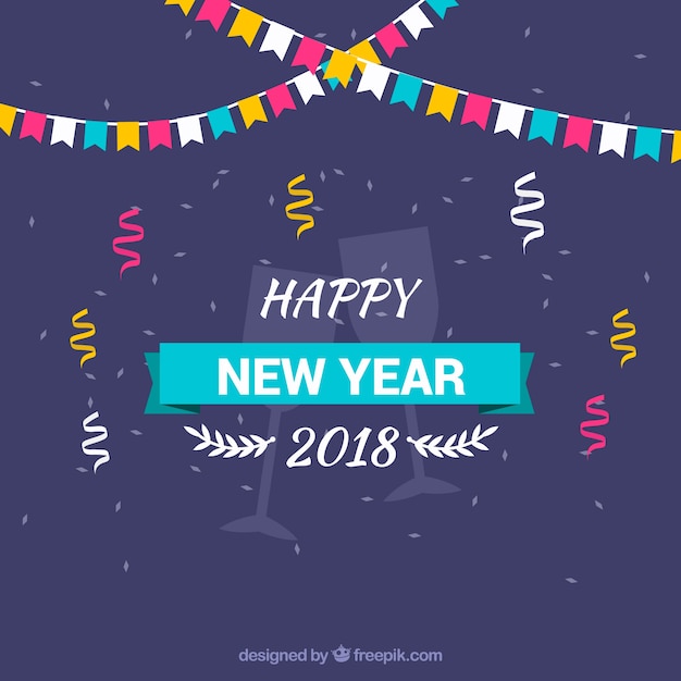 Vector gratuito feliz año nuevo fondo con coloridas banderas y confeti