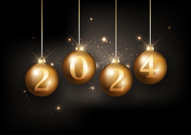 Feliz año nuevo fondo con el diseño de bolas de oro colgantes